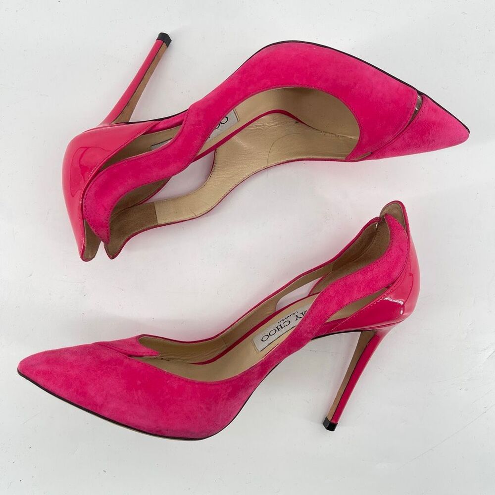 Jimmy Choo Saga 100 Pink Suede Patent Pointed Toe Pumps EU 37 US 7 - Picture 11 of 16